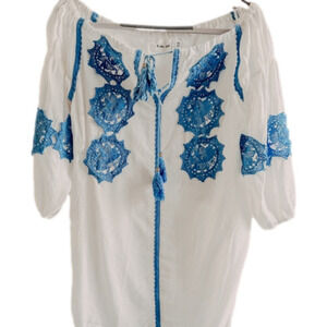 Line + Dot Boho White Beach Cover-Up Blue Embroidery Tassel Tie XS